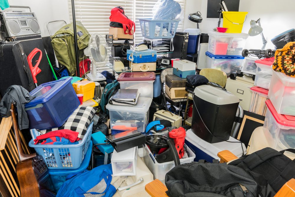A hoarder's house with a lot of items